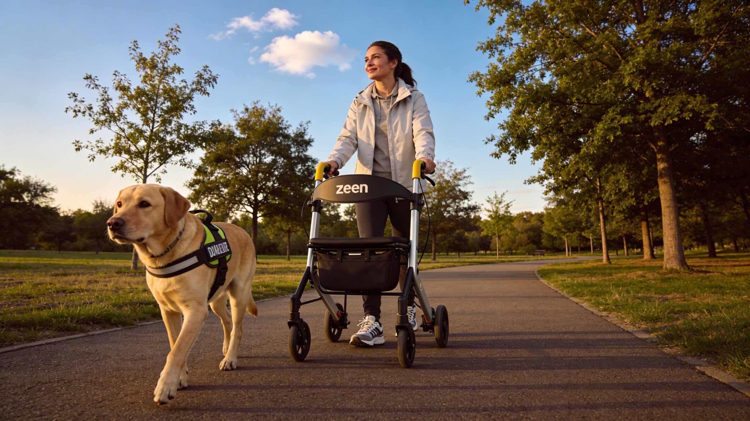 a female walking a service dog with the assistance of a Zeen mobility device