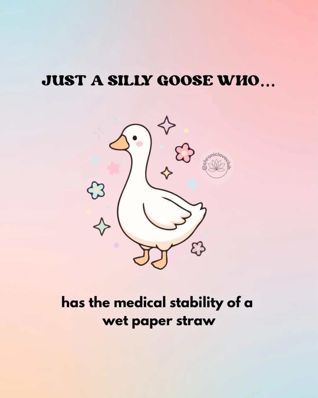 A cartoon goose on a pink and blue background with the quote" Just a Silly Goose who has the medical stability of a wet straw!"